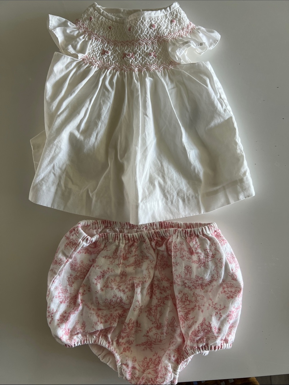 Ralph Lauren White Smocked Top with Pink Toile Diaper Cover Set